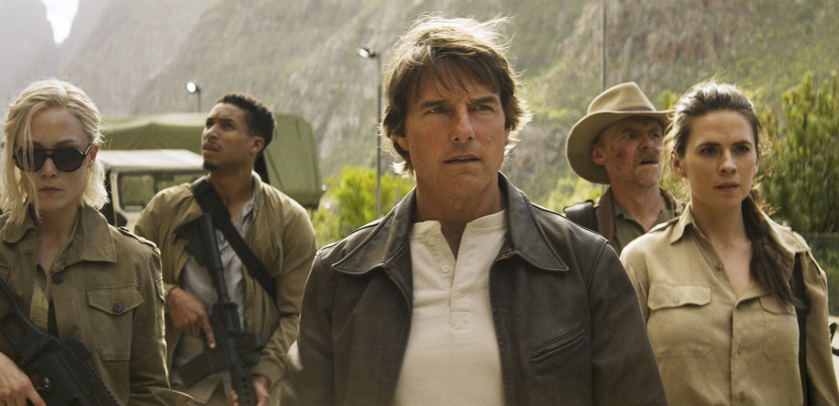 This image shows Pom Klementieff, from left, Greg Tarzan Davis, Tom Cruise, Simon Pegg, and Hayley Atwell in a still from the film &quot;Mission: Impossible - The Final Reckoning.&quot; (Paramount Pic ...