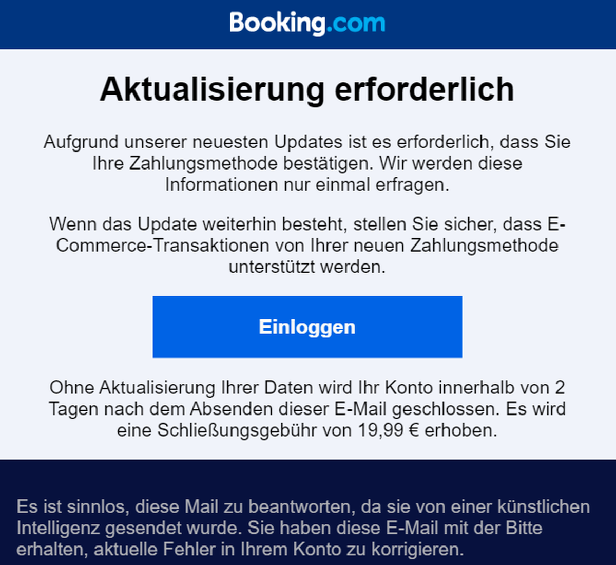 Diese angebliche Benachrichtigung von Booking.com ist eine Phishing-Mail.