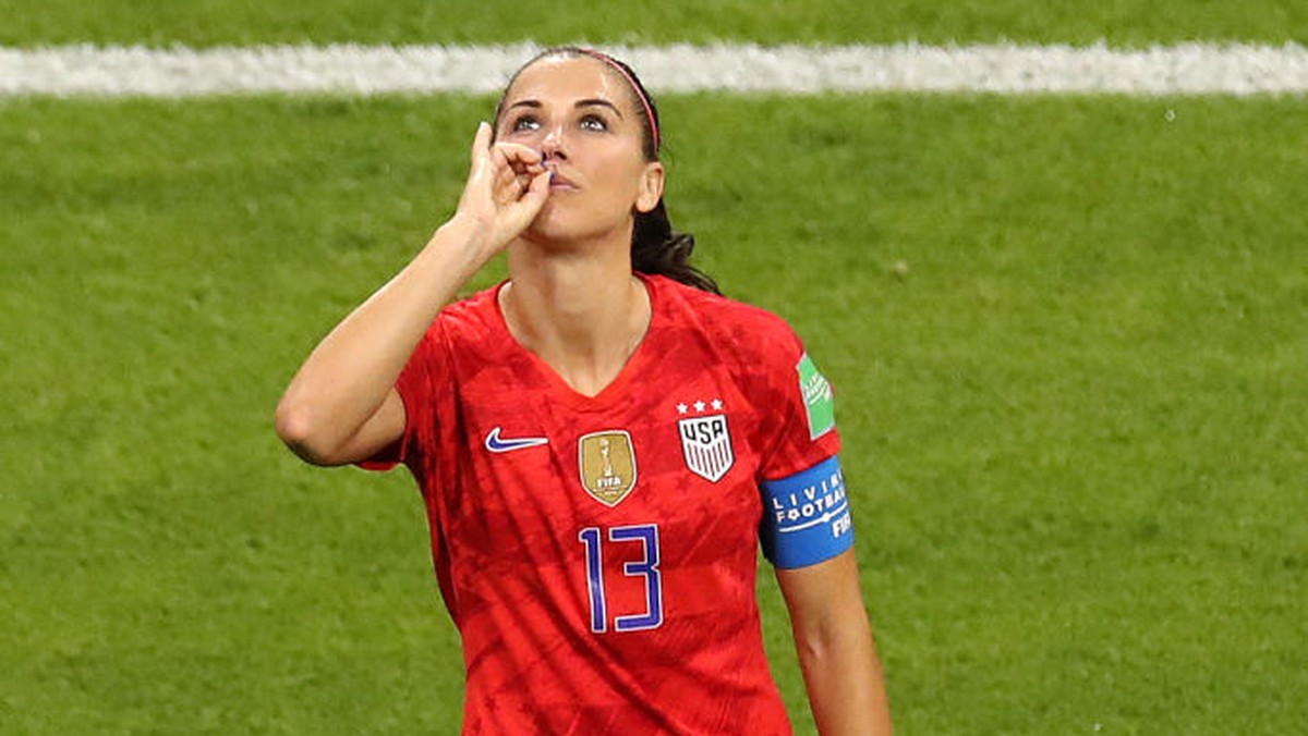 LYON, FRANCE - JULY 02: Alex Morgan of the USA celebrates with teammate Rose Lavelle after scoring her team&#039;s second goal during the 2019 FIFA Women&#039;s World Cup France Semi Final match betwe ...