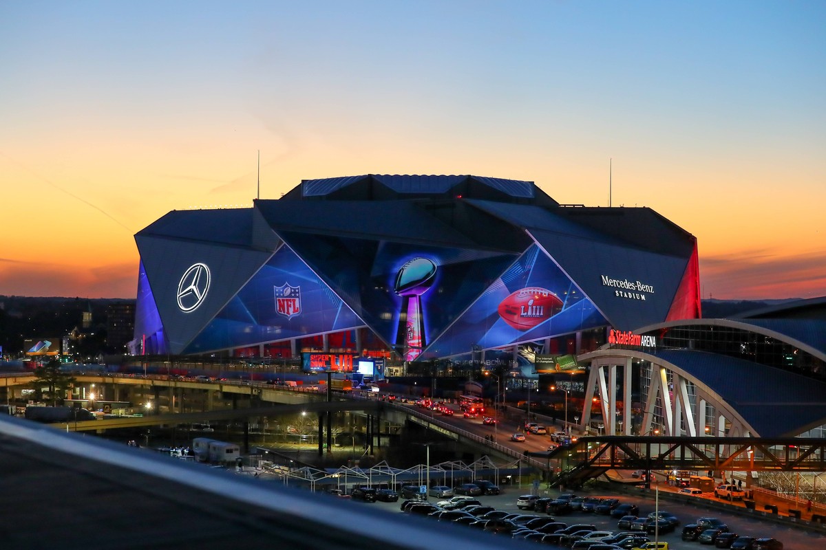 ATLANTA, GA - JANUARY 30: A General View of Mercedes Benz Stadium site of Super Bowl LIII at sunset during Super Bowl LIII week on January 30, 2019 at the Georgia World Congress Center in Atlanta GA.  ...