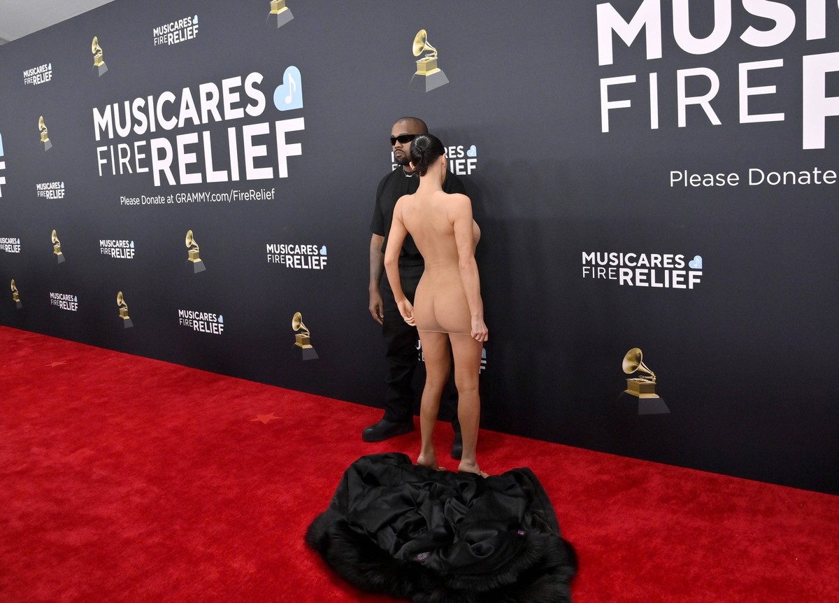 Kanye West and Bianca Censori arrive for the 67th Annual Grammy Awards at Crypto.com Arena in Los Angeles on February 2, 2025. The awards ceremony will honor the best recordings, compositions, and art ...