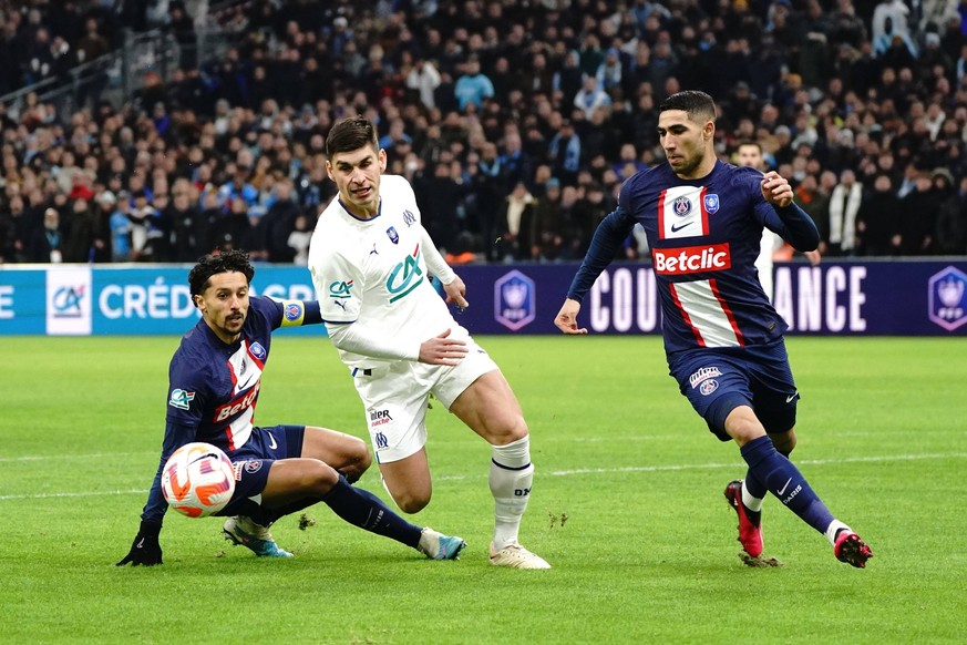 Marquinhos PSG - Ruslan Malinovskyi Olympique de Marseille - Achraf Hakimi PSG FOOTBALL : Olympique de Marseille vs PSG - Coupe de France - 8eme de finale - Marseille - 08/02/2023 NorbertScanella/Pano ...