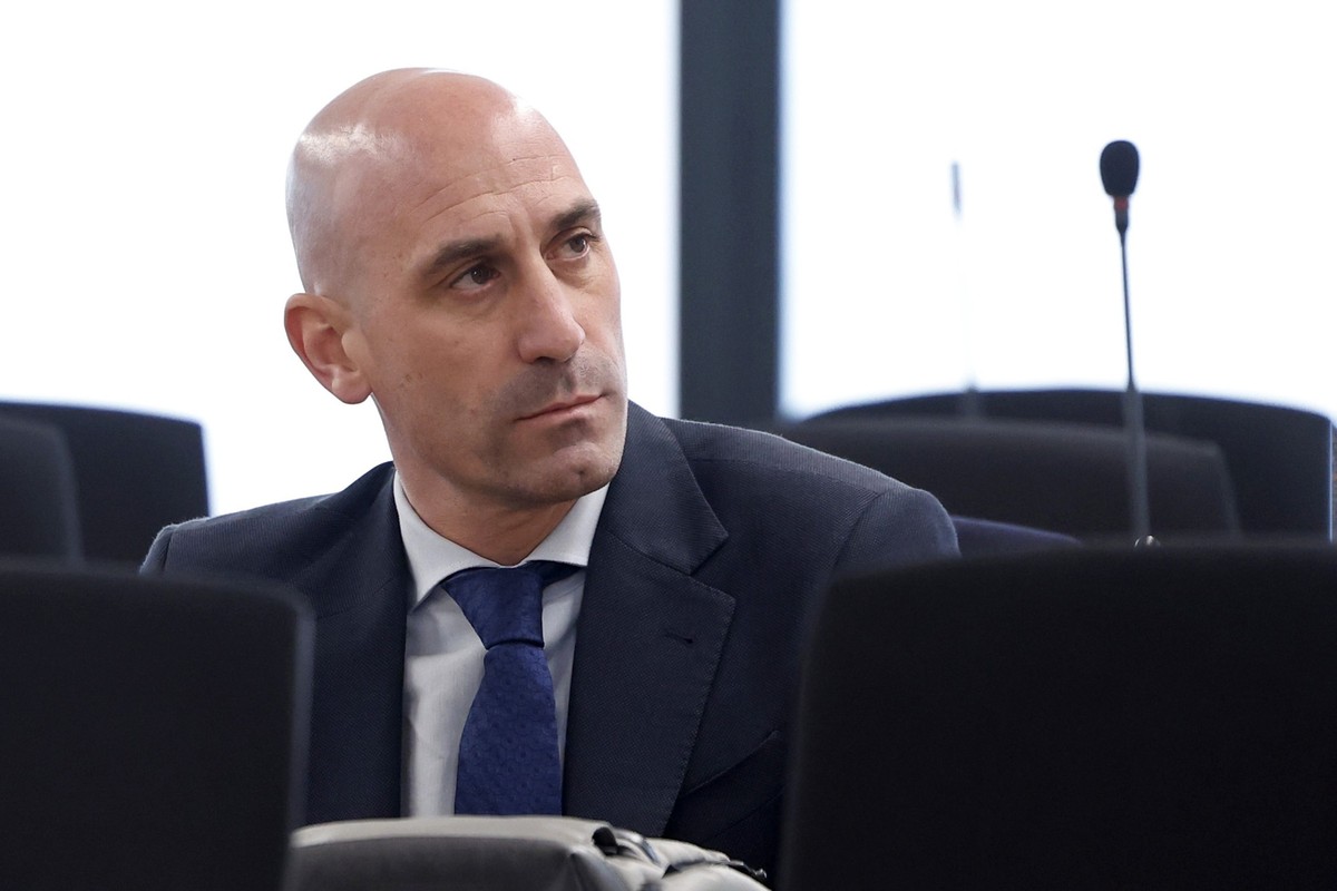 FILE - The former president of Spain's soccer federation Luis Rubiales sits in a courtroom on the outskirts of Madrid, Monday Feb. 3, 2025 where he goes on trial for his unsolicited kiss on forwa ...