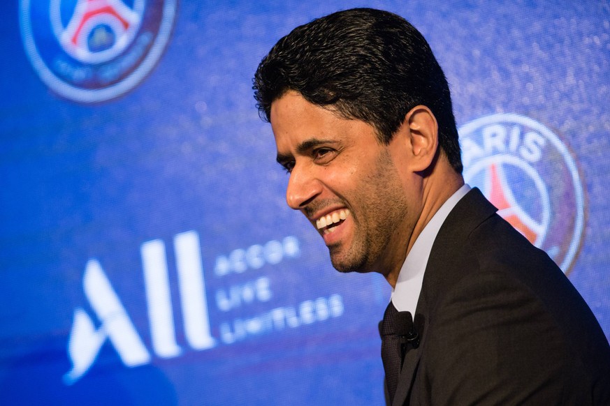 press conference PK Pressekonferenz with chairman and CEO of French hotel operator AccorHotels, and CEO of Paris Saint-Germain, Nasser Al Khelaifi, to present their new partnership, in Paris, France,  ...