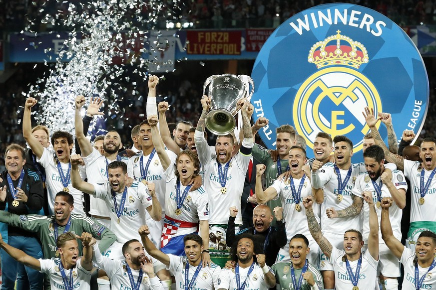 goalkeeper Keylor Navas of Real Madrid, Daniel Carvajal of Real Madrid, Sergio Ramos of Real Madrid with UEFA Champions League trophy, Coupe des clubs Champions Europeens, Raphael Varane of Real Madri ...