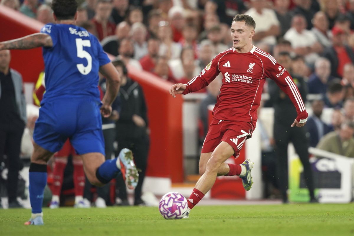 Liverpool's Florian Wirtz is in action during the English Premier League soccer match between Liverpool and Bournemouth at Anfield stadium in Liverpool, England, Friday, Aug. 15, 2025. (AP Photo/ ...