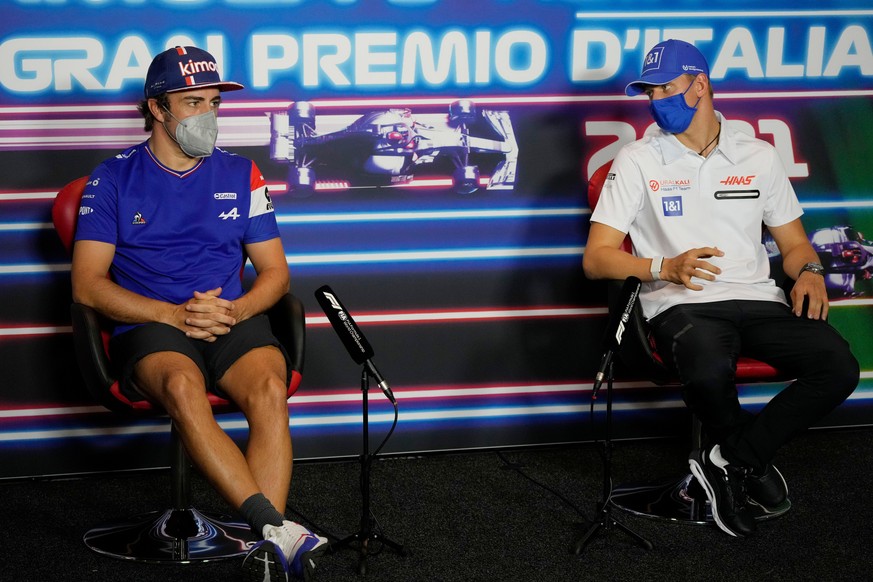 Italian Grand Prix - Preparation Day - Monza. (L to R): Fernando Alonso (ESP) Alpine F1 Team and Mick Schumacher (GER) Haas F1 Team in the FIA Press Conference. Italian Grand Prix, Thursday 9th Septem ...