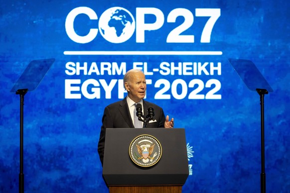 US-Praesident Joe Biden spricht auf der 27. Konferenz der Vereinten Nationen zum Klimawandel, COP 27. Scharm-el-Sheikh Aegypten *** US President Joe Biden speaks at the 27 United Nations Conference on ...