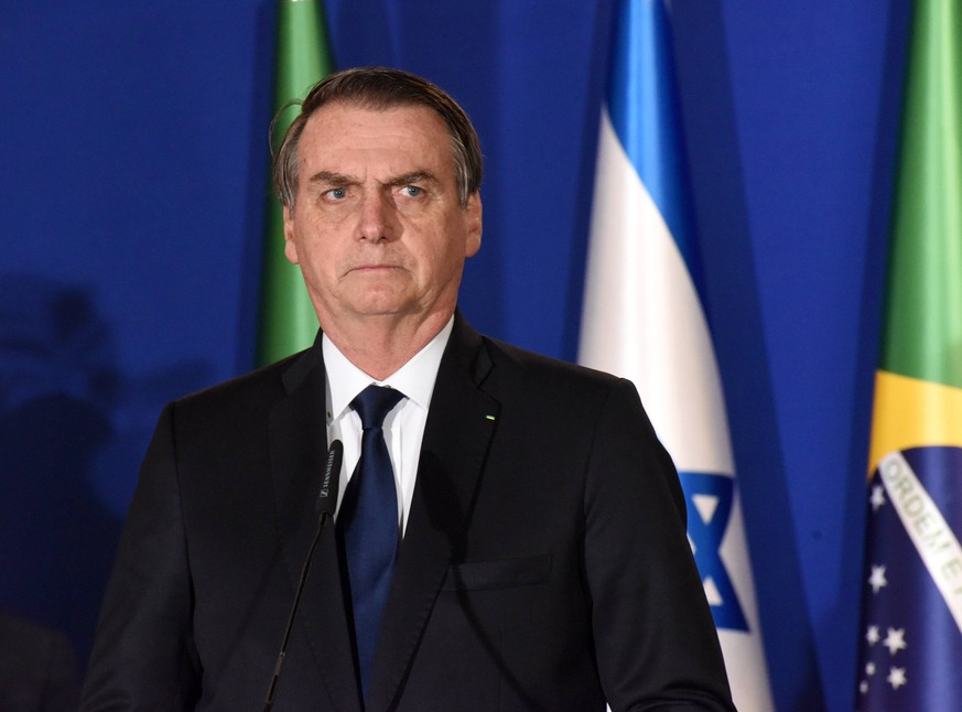 Brazilian President Jair Bolsonaro gives a joint press statement with Israeli Prime Minister Benjamin Netanyahu, not seen, at the prime minister s residence in Jerusalem, March 31, 2019. Bolsonaro is  ...