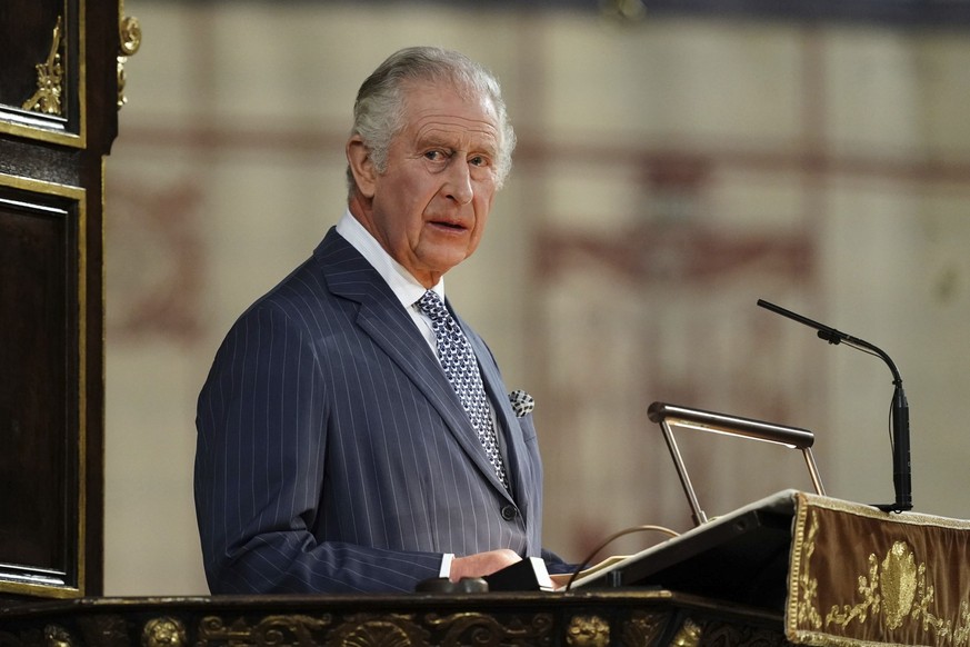 Britain&#039;s King Charles III speaks at the annual Commonwealth Day Service at Westminster Abbey in London, Monday March 13, 2023. (Jordan Pettitt/Pool via AP)