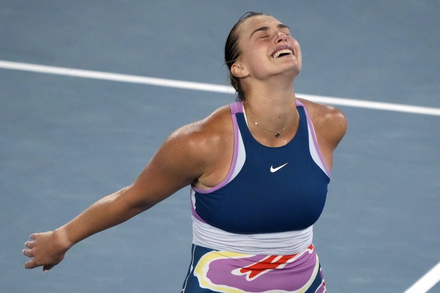 Aryna Sabalenka of Belarus celebrates after defeating Elena Rybakina of Kazakhstan in the women&#039;s singles final at the Australian Open tennis championship in Melbourne, Australia, Saturday, Jan.  ...