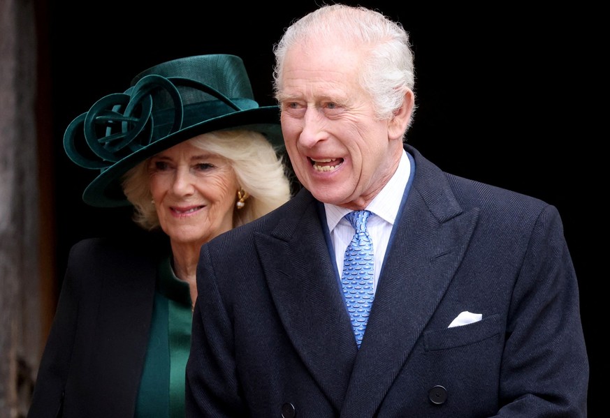 WINDSOR, ENGLAND - MARCH 31: Queen Camilla and King Charles III leave after attending the Easter Mattins Service at at St. George&#039;s Chapel, Windsor Castle on March 31, 2024 in Windsor, England. ( ...