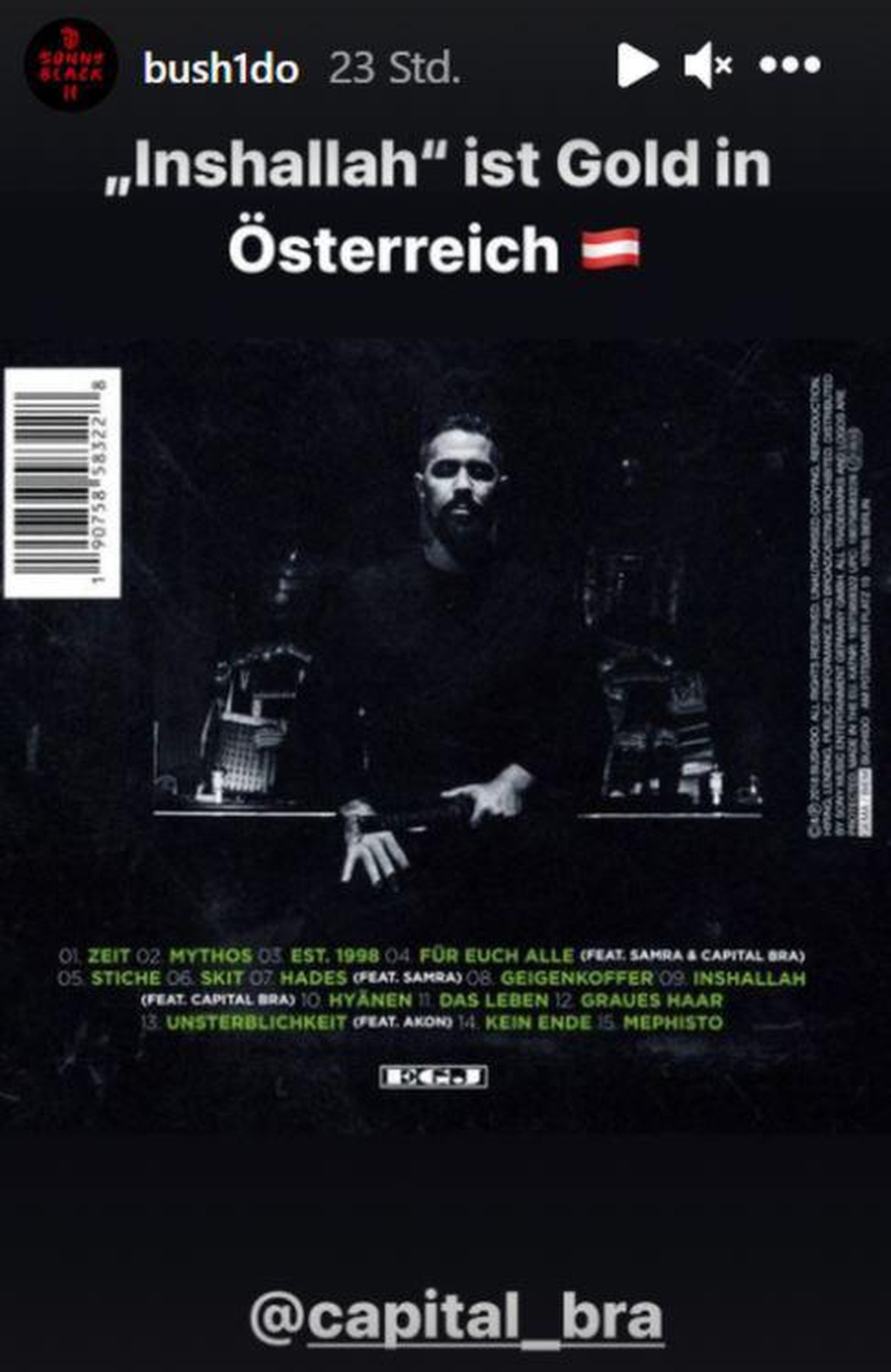 Bushido gratuliert Capital Bra in seiner Instagram-Story.