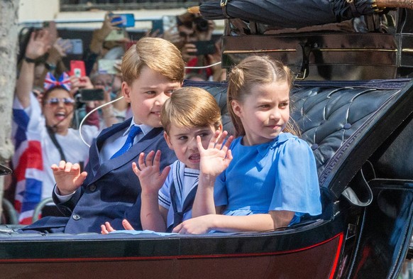 June 2, 2022, London, England, United Kingdom: Prince GEORGE, Prince LOUIS and Princess CHARLOTTE are seen at Trooping of The Colour Procession on The Mall during Queen Elizabeth II s Platinum Jubilee ...