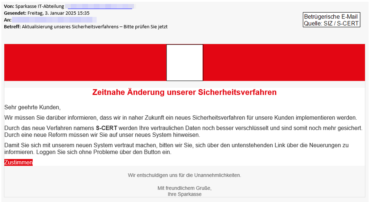 So sieht die Phishingmail aus, die gerade im Nanem der Sparkasse grassiert.