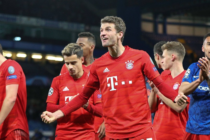 Schlussjubel von Thomas Mueller 25 FC Bayern Muenchen, FC Chelsea vs. FC Bayern Muenchen, Fussball, Achtelfinale, Champions League, 25.02.2020 London London England *** Thomas Mueller 25 FC Bayern Mue ...