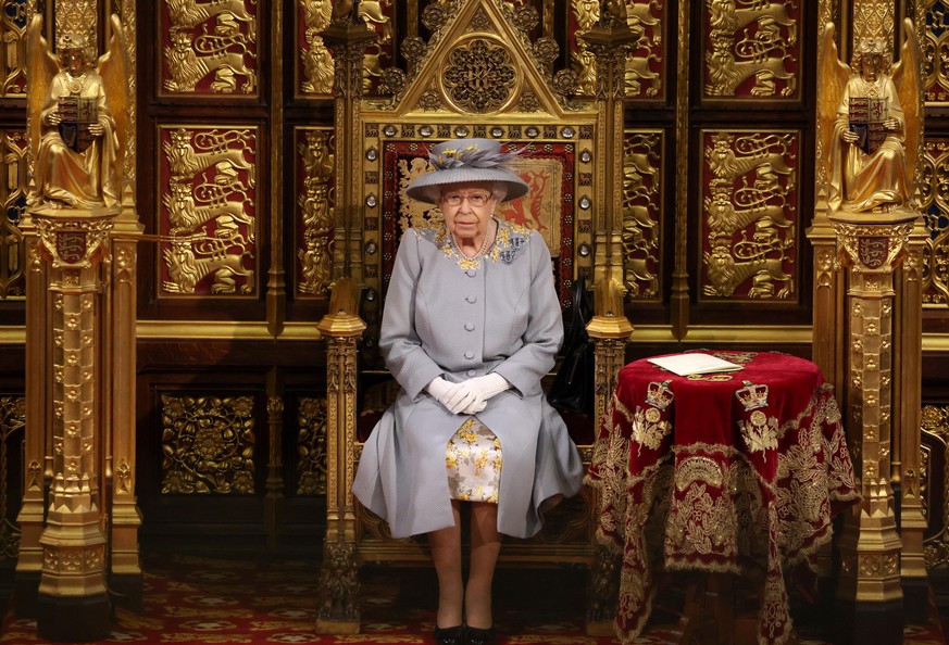 LONDON, ENGLAND - MAY 11: Queen Elizabeth II ahead of the Queen's Speech in the House of Lord's Chamber during the State Opening of Parliament at the House of Lords on May 11, 2021 in London, England. ...
