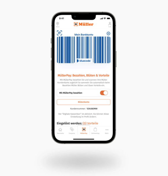 Bezahlen in der Müller-App per Bluecode-Verfahren.