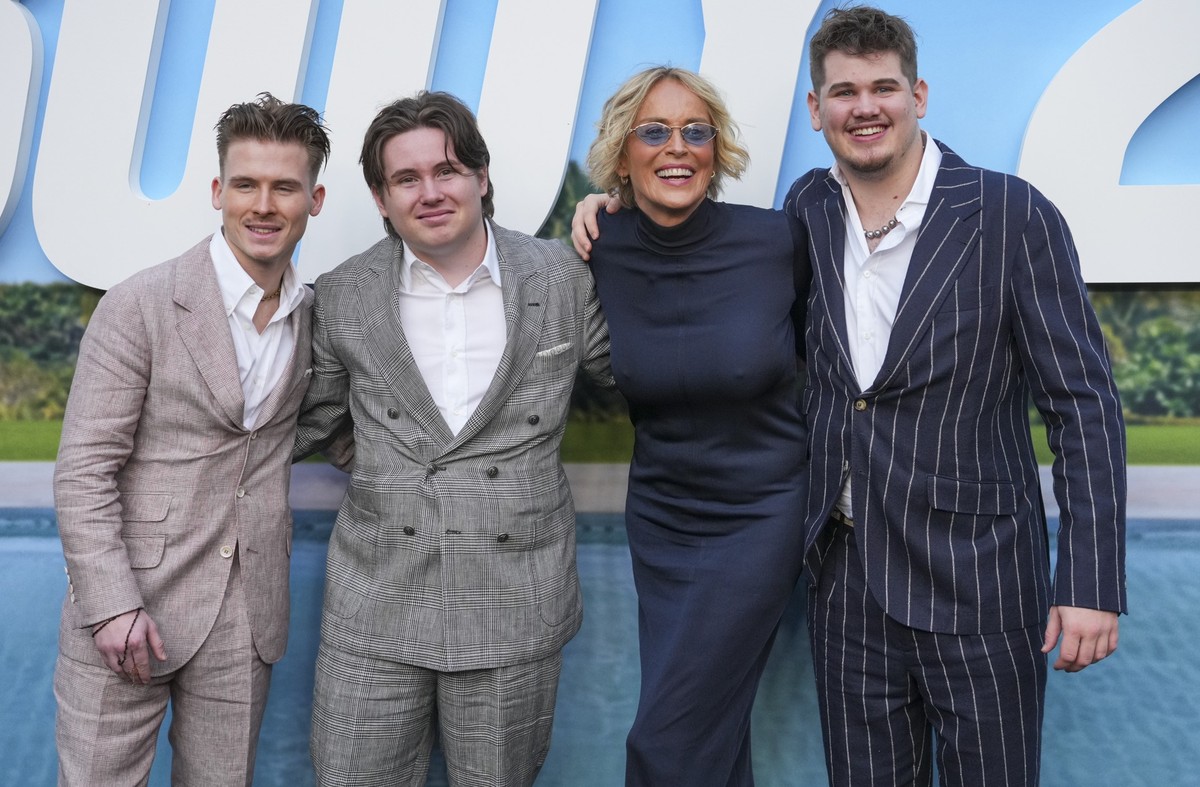 Roan Bronstein Stone, from left, Quinn Kelly Stone, Sharon Stone, and Laird Vonne Stone arrive at the premiere of &quot;Nobody 2&quot; on Monday, Aug. 11, 2025, at TCL Chinese Theatre in Los Angeles.  ...