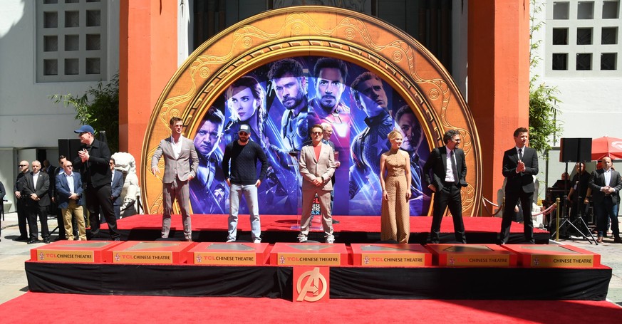 23 April 2019 - Hollywood, California - Kevin Feige, Chris Hemsworth, Chris Evans, Robert Downey, Jr., Scarlett Johansson, Jeremy Renner, Mark Ruffalo. Marvel Studios Avengers: Endgame Cast Handprint  ...