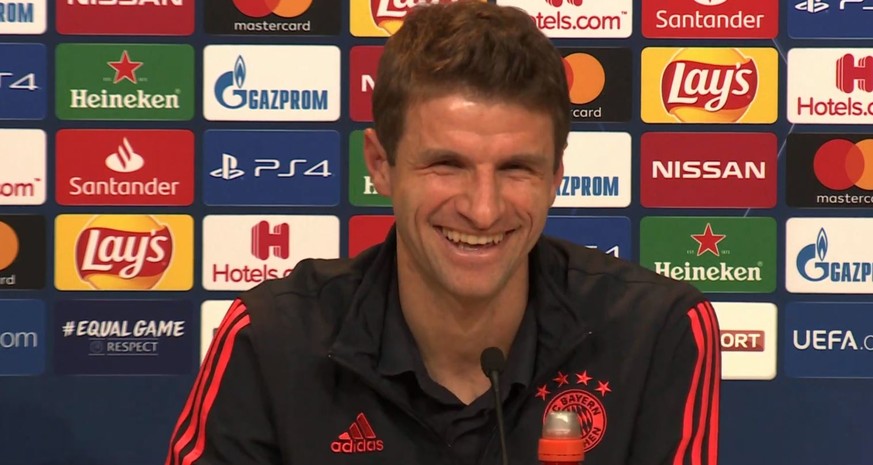 Thomas Müller war vor dem Spiel gegen Tottenham Hotspur sichtlich gut gelaunt.