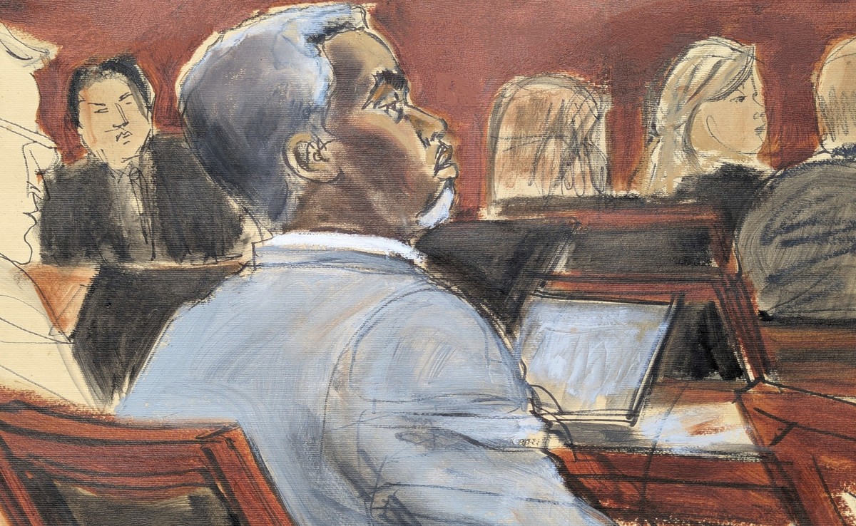 12.05.2025, USA, New York: Die Gerichtszeichnung zeigt Sean "Diddy" Combs, der den Eröffnungsplädoyers am ersten Verhandlungstag vor dem Bundesgericht in Manhattan zuhört. Der Rapper steht w ...