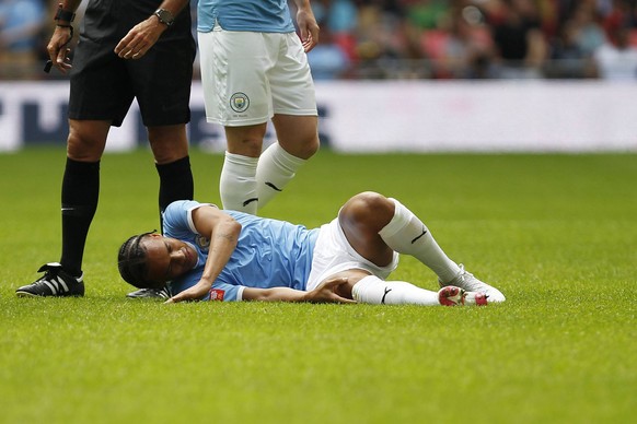 Leroy Sane of Manchester City is hurt during the 2019 FA Community Shield match between Liverpool and Manchester City at Wembley Stadium, London, England on 4 August 2019. PUBLICATIONxNOTxINxUK Copyri ...