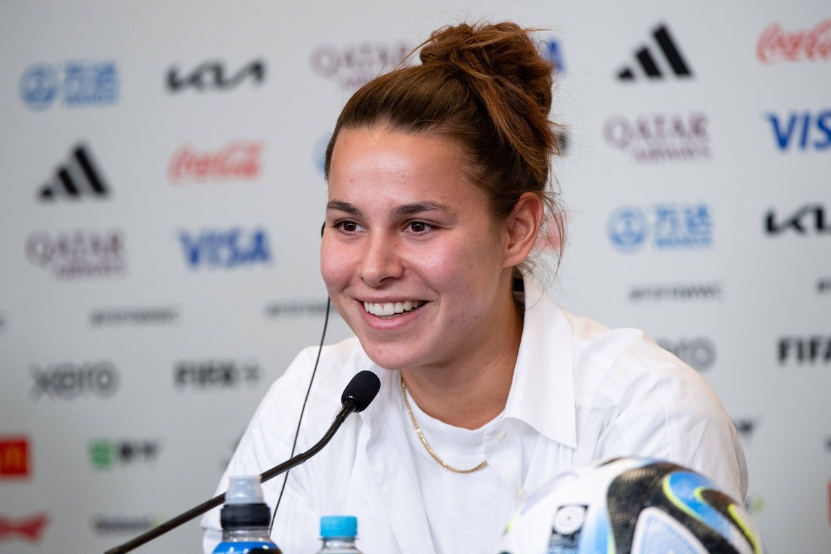 Lena Oberdorf Deutschland, 06, AUS, MD-1 Pressekonferenz DFB Frauen Nationalmannschaft vor Suedkorea vs Deutschland, FIFA Frauen Fussball Weltmeisterschaft Australien 2023, 02.08.2023 AUS, MD-1 Presse ...