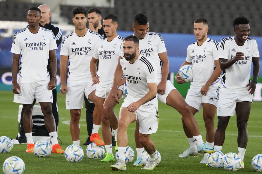 From left: Real Madrid&#039;s David Alaba, Marco Asensio, Lucas Vazquez, Dani Carvajal, Casemiro, Eden Hazard, and Vinicius Junior attend a training session, a day ahead of the UEFA Super Cup final so ...