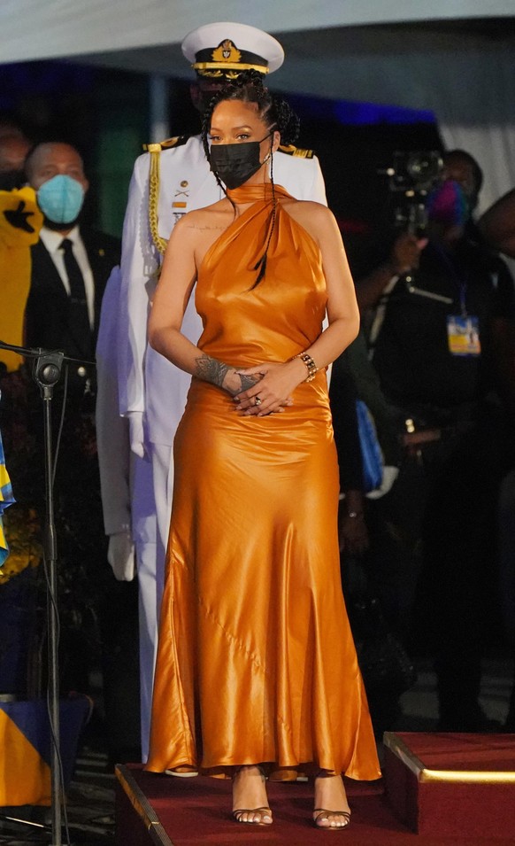 BRIDGETOWN, BARBADOS - NOVEMBER 30: Rihanna attends the Presidential Inauguration Ceremony at Heroes Square on November 30, 2021 in Bridgetown, Barbados. The Prince of Wales arrived in the country ahe ...