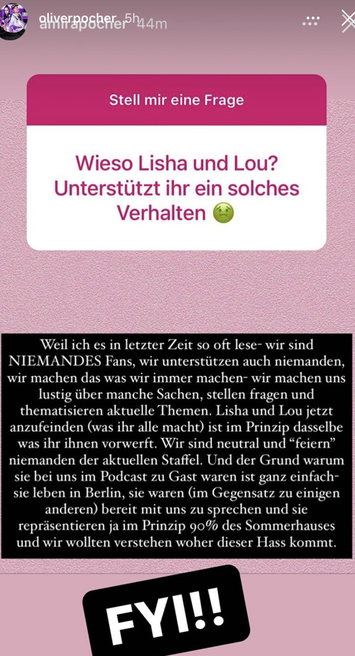 Oliver Pocher teilte den Beitrag von Amira und fügte "FYI" hinzu, was so viel heißt wie "zu deiner Information".