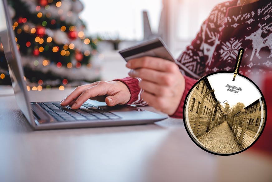 Women wearing red sweater shopping online and using credit card at home office