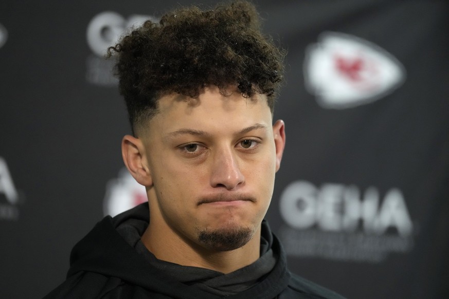 Kansas City Chiefs quarterback Patrick Mahomes considers a question during a news conference after an NFL football game againstthe Denver Broncos on Sunday, Oct. 29, 2023, in Denver. (AP Photo/David Z ...