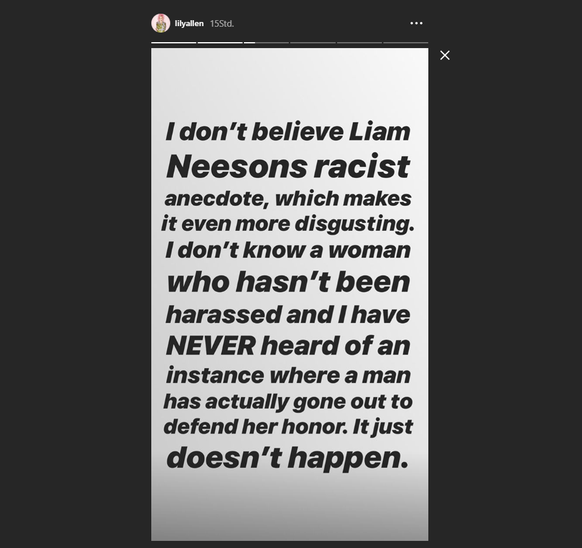 Lily Allen macht ihrem Ärger über Liam Neesons Äußerungen zu rassistischen Rachemordgedanken in einer Instagram-Story Luft