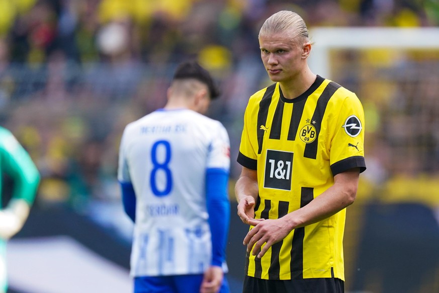 DORTMUND, GERMANY - MAY 14: Erling Haaland of Borussia Dortmund looks on during the 1. Bundesliga match between Borussia Dortmund and Hertha BSC at the Signal Iduna Park on May 14, 2022 in Dortmund, G ...