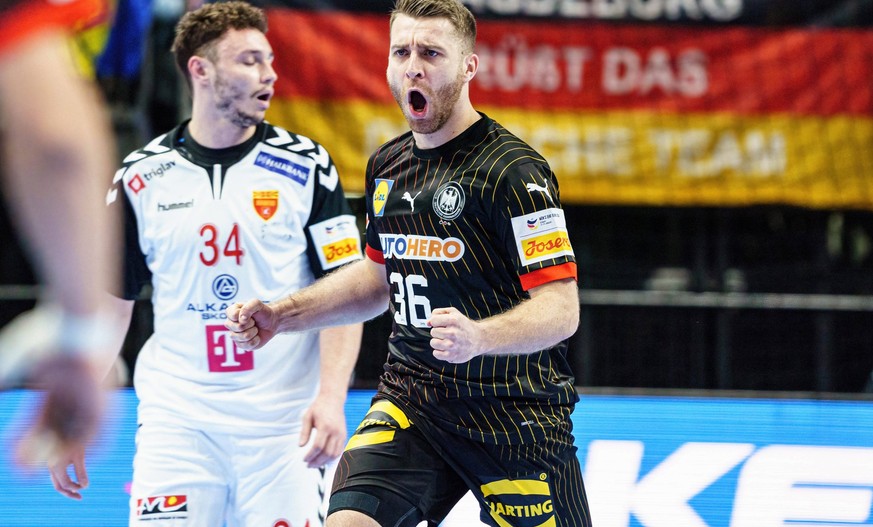 Jubel nach Tor Lukas Mertens Deutschland, 36 GER, Nordmazedonien vs. Deutschland, Handball, Maenner, EHF Euro 2024, Gruppe A, Spieltag 2, 14.01.2024 GER, Nordmazedonien vs. Deutschland, Handball, Maen ...