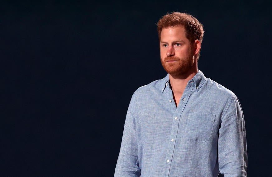 INGLEWOOD, CALIFORNIA: In this image released on May 2, Prince Harry, The Duke of Sussex, speaks onstage during Global Citizen VAX LIVE: The Concert To Reunite The World at SoFi Stadium in Inglewood,  ...