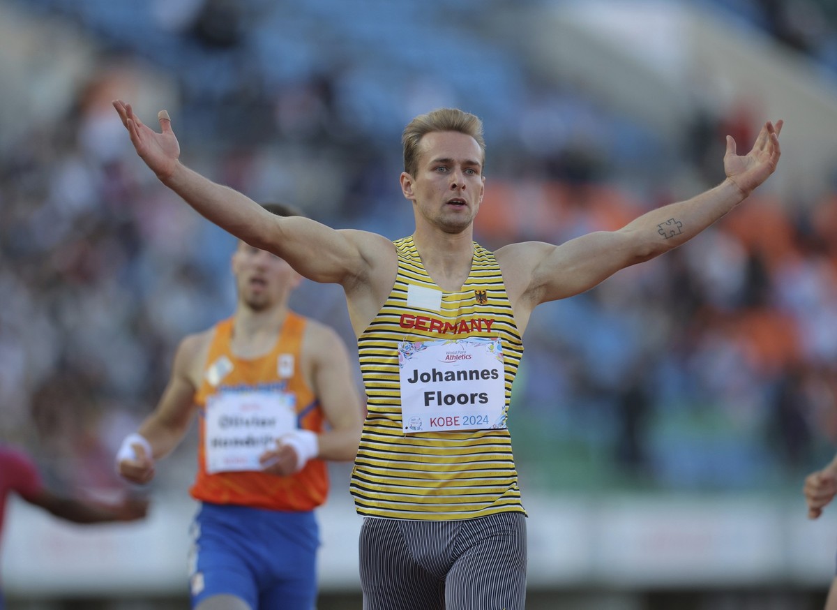 Johannes Floors of Germany reacts after finishinf the Men&#039;s 400m T62 Final at the Para Athletics World Championships in Kobe on May 25, 2024. Floors won the event. ( The Yomiuri Shimbun via AP Im ...