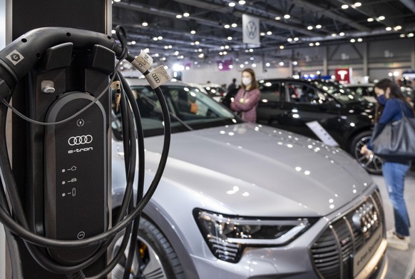 December 5, 2021, Hong Kong, China: An electric vehicle charging station from the German automobile brand Audi, E-tron series, is seen during the International Motor Expo (IMXHK) showcasing thermic an ...