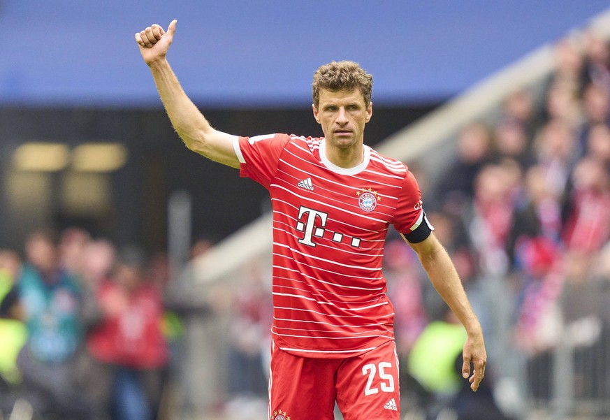 Thomas MUELLER, MÜLLER, FCB 25 in the match FC BAYERN MUENCHEN - FC SCHALKE 04 1.German Football League on May 13, 2023 in Munich, Germany. Season 2022/2023, matchday 32, 1.Bundesliga, FCB, München, 3 ...