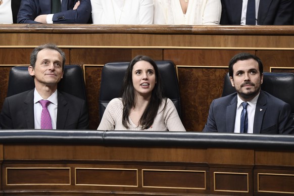 MADRID, SPAIN - FEBRUARY 03: Pedro Duqye, Irene Montero and Alberto Garzon attend the solemn opening of the 14th legislature at the Spanish Parliament on February 03, 2020 in Madrid, Spain. (Photo by  ...