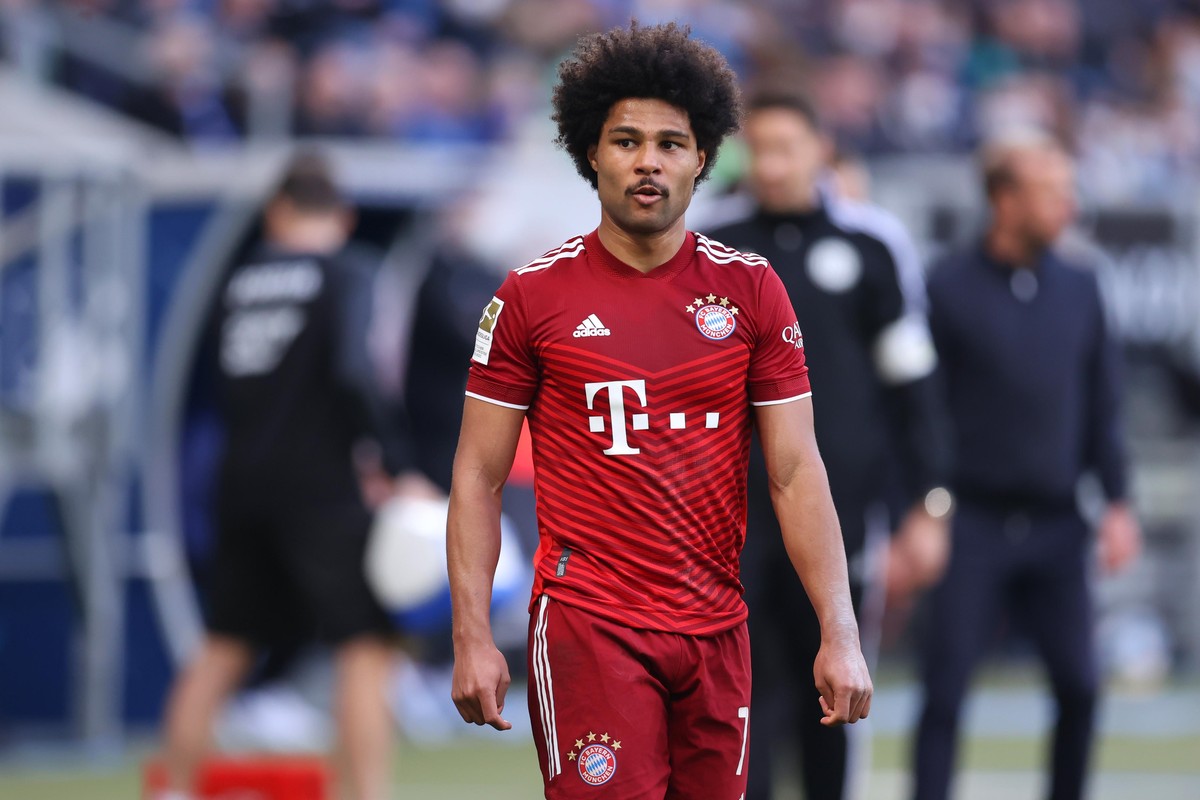 SINSHEIM, GERMANY - MARCH 12: Serge Gnabry of Bayern Muenchen reacts during the Bundesliga match between TSG Hoffenheim and FC Bayern München at PreZero-Arena on March 12, 2022 in Sinsheim, Germany. ( ...