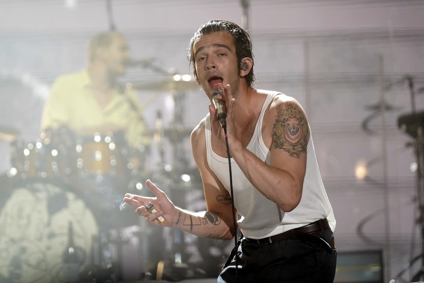 Matty Healy of The 1975 performs on day two of the Lollapalooza Music Festival on Friday, Aug. 4, 2023, at Grant Park in Chicago. (Photo by Rob Grabowski/Invision/AP)