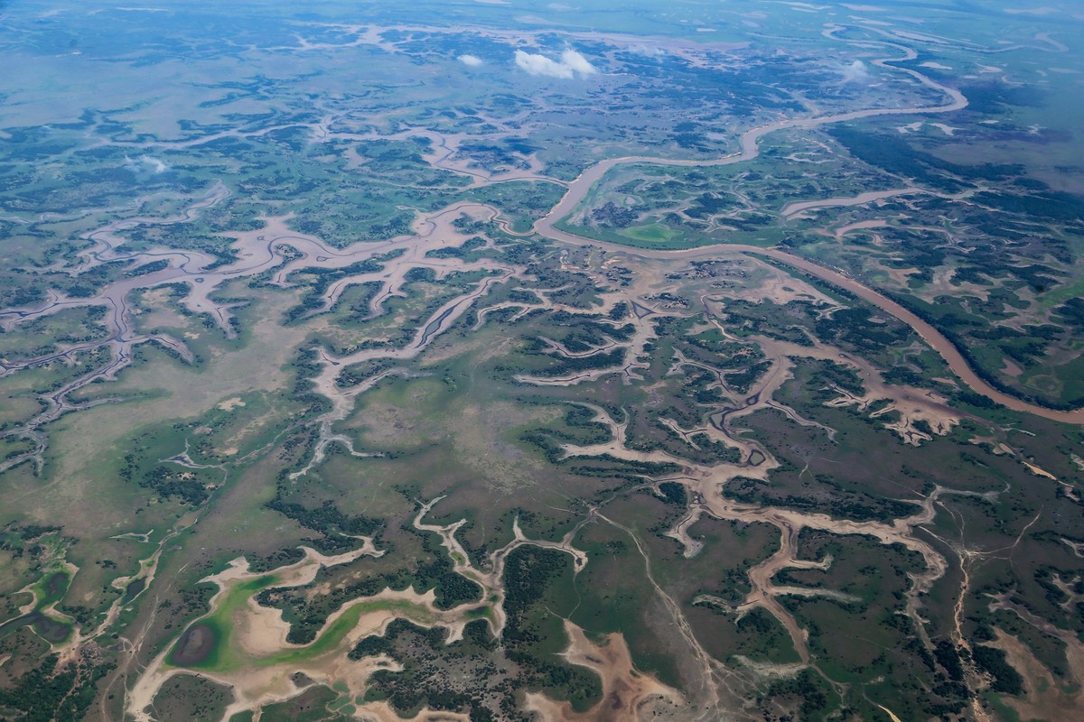 PRODUKTION - 08.11.2023, Brasilien, Parintins: Blick auf ausgetrocknete Flächen der Gemeinde im Amazonas. Die grüne Lunge des Planeten erlebt eine beispiellose Krise. Das größte Regenwaldgebiet der We ...