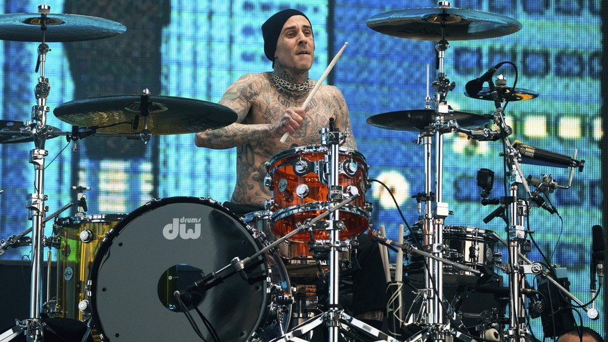 Travis Barker of Blink-182 performs at the Coachella Music and Arts Festival at Empire Polo Club on Friday, April 14, 2023, in Indio, Calif. (Photo by Amy Harris/Invision/AP)