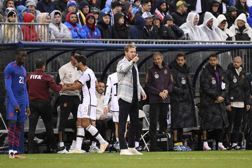 Germany head coach Julian Nagelsmann gives a thumbs up after his team scored a goal during an international friendly soccer match against the United States at Pratt &amp; Whitney Stadium at Rentschler ...
