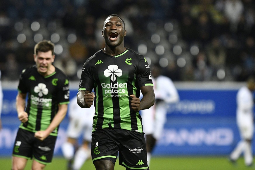 Cercle s Kevin Denkey celebrates after scoring during a soccer match between OH Leuven and Cercle Brugge, Saturday 16 December 2023 in Leuven, on day 18/30 of the 2023-2024 Jupiler Pro League first di ...
