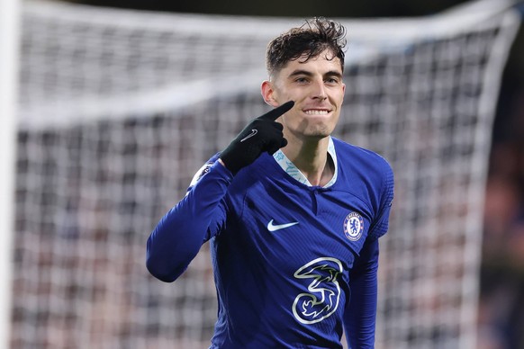 Chelsea v Everton 18 March 2023, London - Premier League Football - Chelsea v Everton - Kai Havertz of Chelsea celebrates their second goal - Photo: Jacques Feeney / Offside. London UK *** Chelsea geg ...