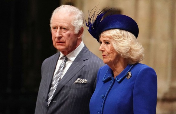 LONDON, ENGLAND - MARCH 13: (L-R) King Charles III and Camilla, Queen Consort attend the annual Commonwealth Day Service at Westminster Abbey on March 13, 2023 in London, England. (Photo by Jordan Pet ...