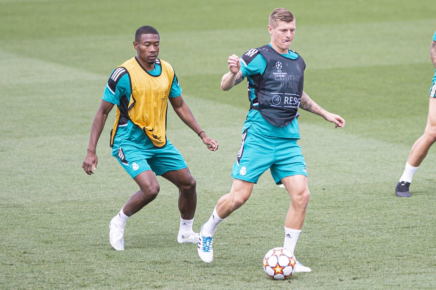 24.05.2022, Madrid, Spain. Toni Kroos of Real Madrid CF R is chased by David Alaba of Real Madrid CF L during open media day Real Madrid at Ciudad deportiva Real Madrid on 24 Mal 2022 in Madrid Spain. ...